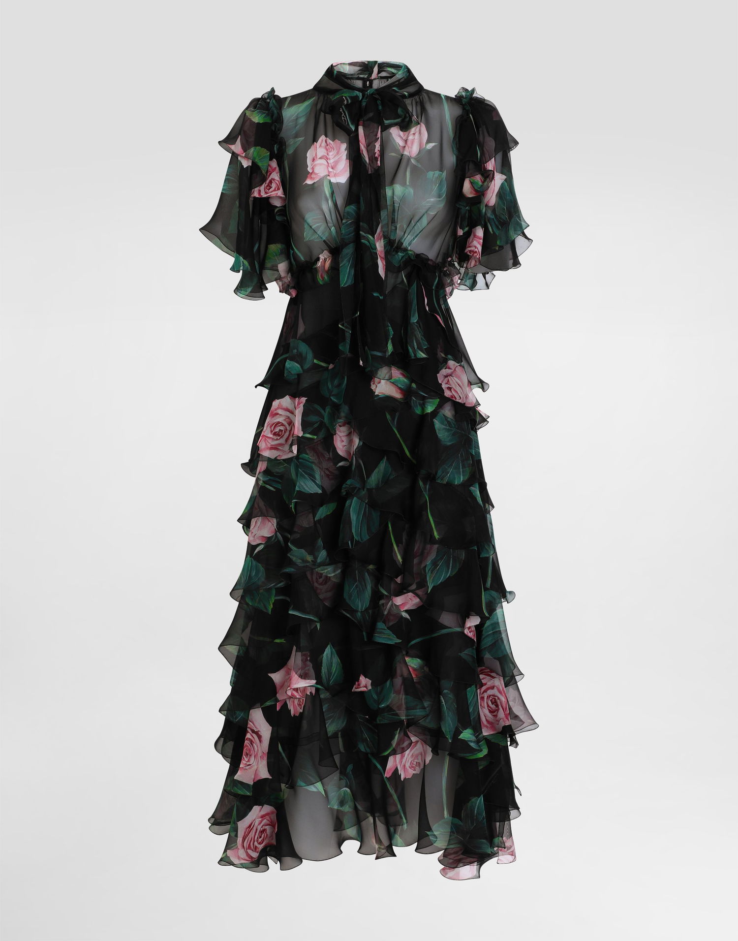 Kjole Dolce & Gabbana Dolce & Gabbana Rose Print Chiffon Calf-Length Dress with Ruffles Sort | F6B3ITIS1XAHN5IZ, 0