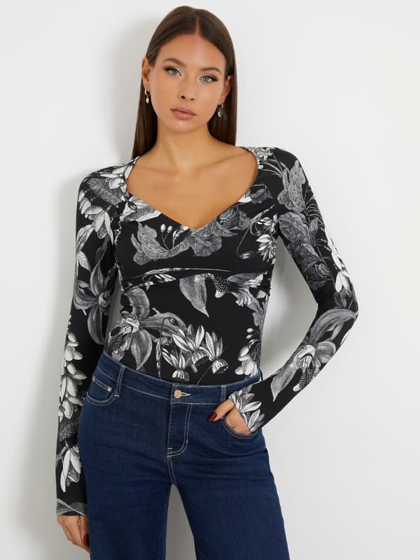 T-shirt GUESS Floral Print Top Sort | W4RP09K49A1, 0