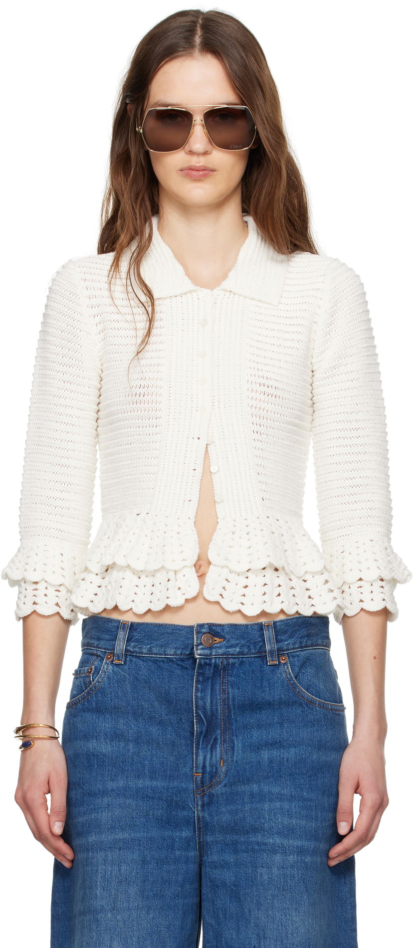 Sweater CHLOÉ Chloé Fitted Ruffled Cropped Cardigan Hvid | CH25UMP05545