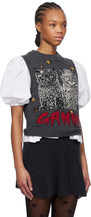 Sweater GANNI GANNI Graphic Cats Knit Vest Grå | K2375, 4