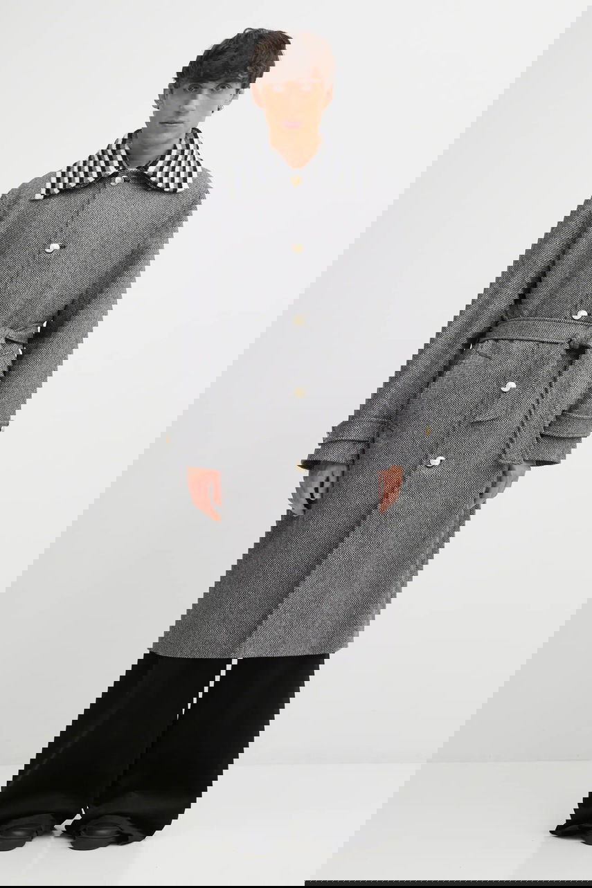 Frakker Drôle de Monsieur Le Manteau Tweed Belted Coat with Striped Collar Grå | I.CT147.WV014, 0