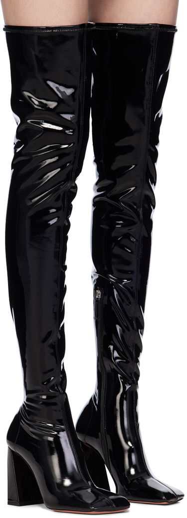 Skopleje Amina Muaddi Amina Muaddi Marine Stretch Thigh-High Boots Sort | MARINE STRETCH BLOCK HEEL LATEX, 3