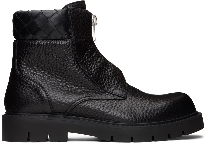 Sneakers og sko Bottega Veneta Haddock Textured Leather Front-Zip Woven Collar Ankle Boots Sort | 796449 V4EP0 1000