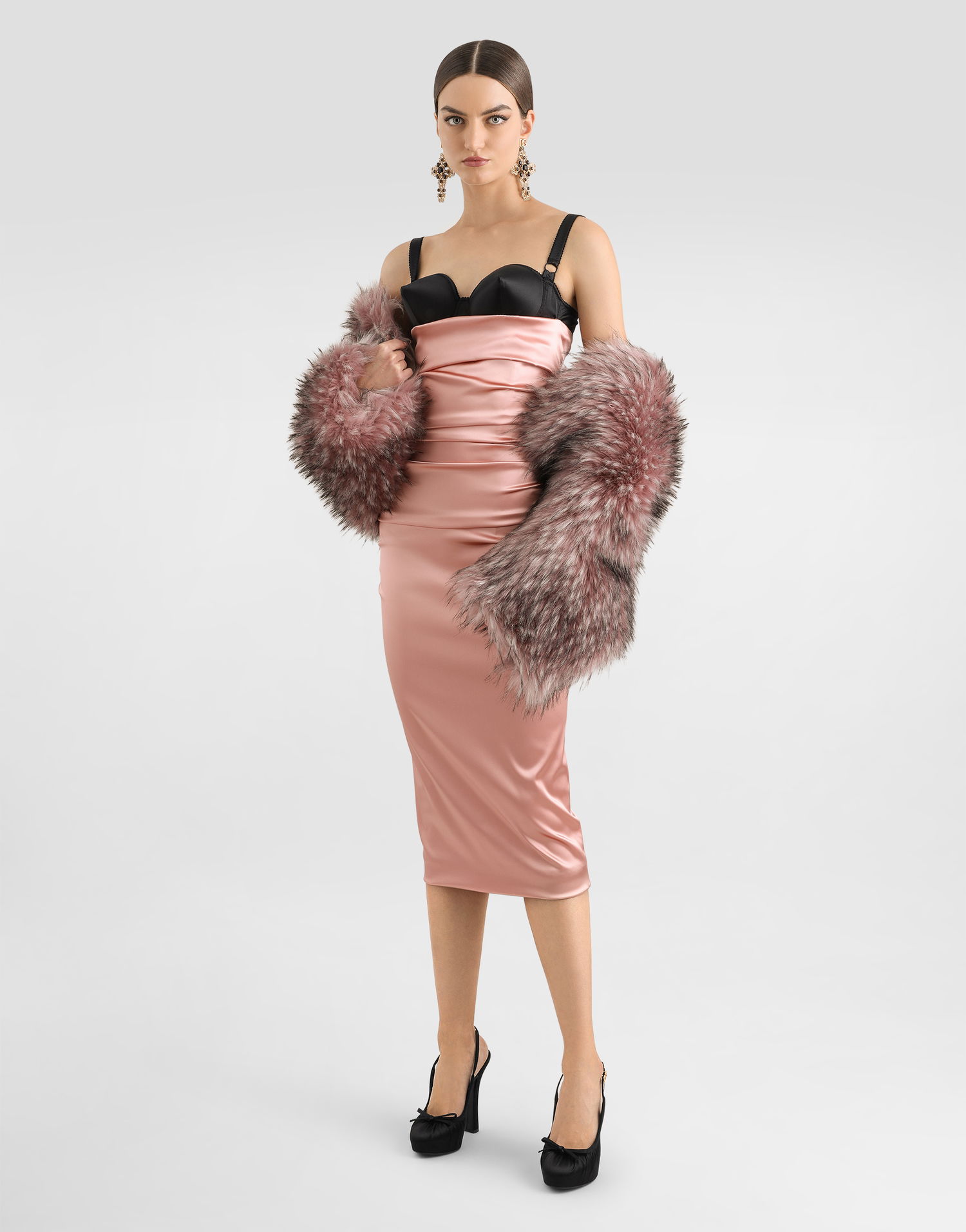 Kjole Dolce & Gabbana Dolce & Gabbana Draped Satin Calf-Length Dress with Bra-Style Cups Lyserød | F6TUQTFURADM2037, 1