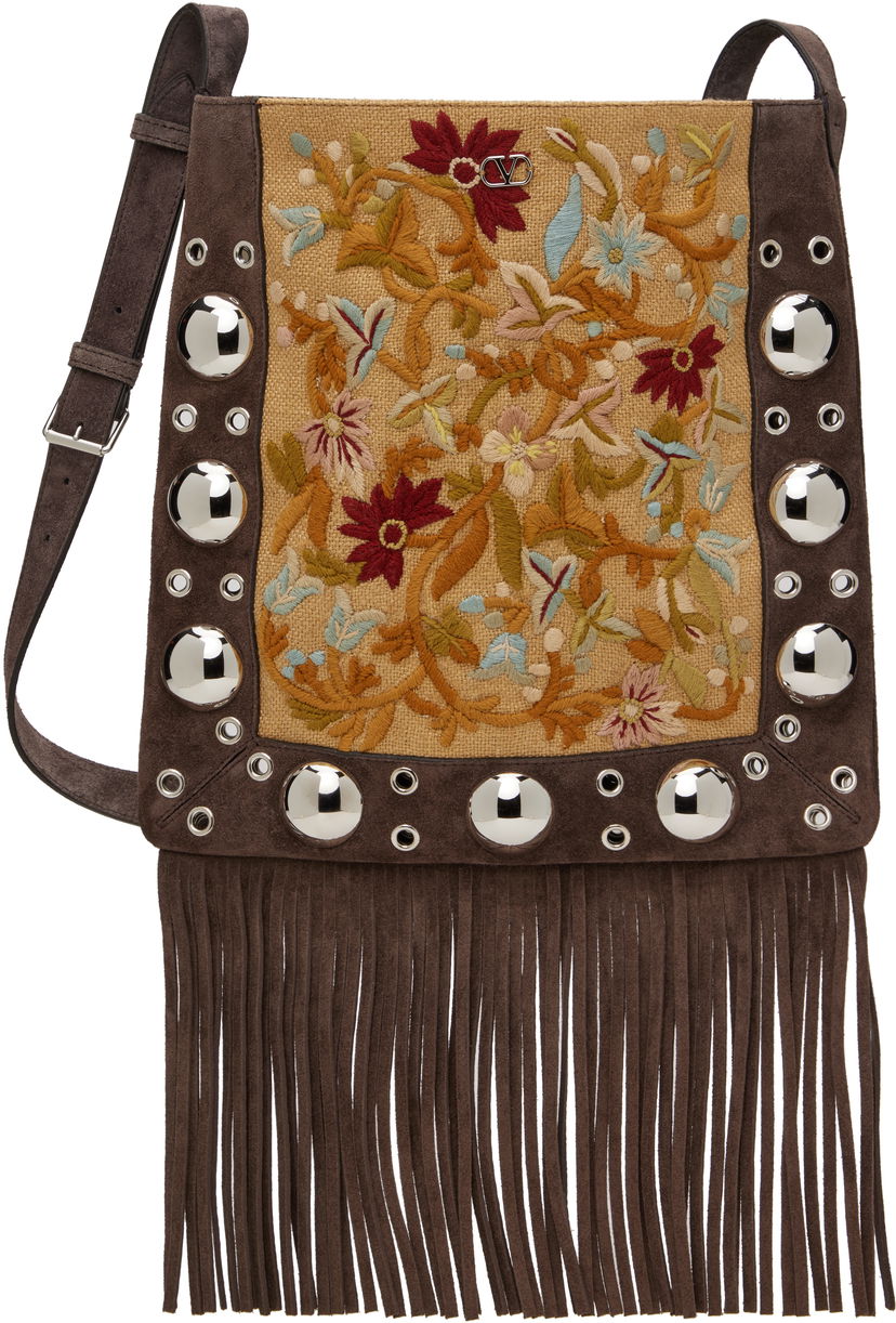 Skuldertaske Valentino Valentino Garavani Nellcôte Fringe Embroidered Shoulder Bag Brun | 6W2B0R33GRT