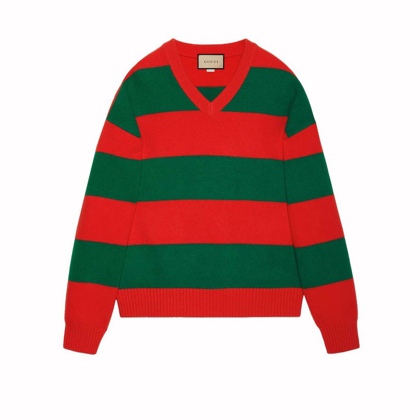 Sweater Gucci Felted Wool Striped Sweater Red/Green Grøn | 763344 XKDNH 6565