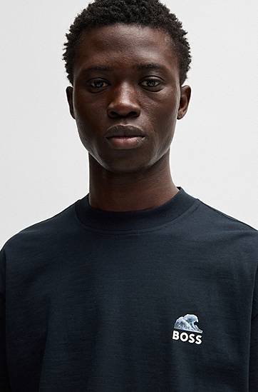 T-shirt BOSS BOSS Slub-Cotton T-Shirt with Wave Graphic Mørkeblå | 50540520, 1