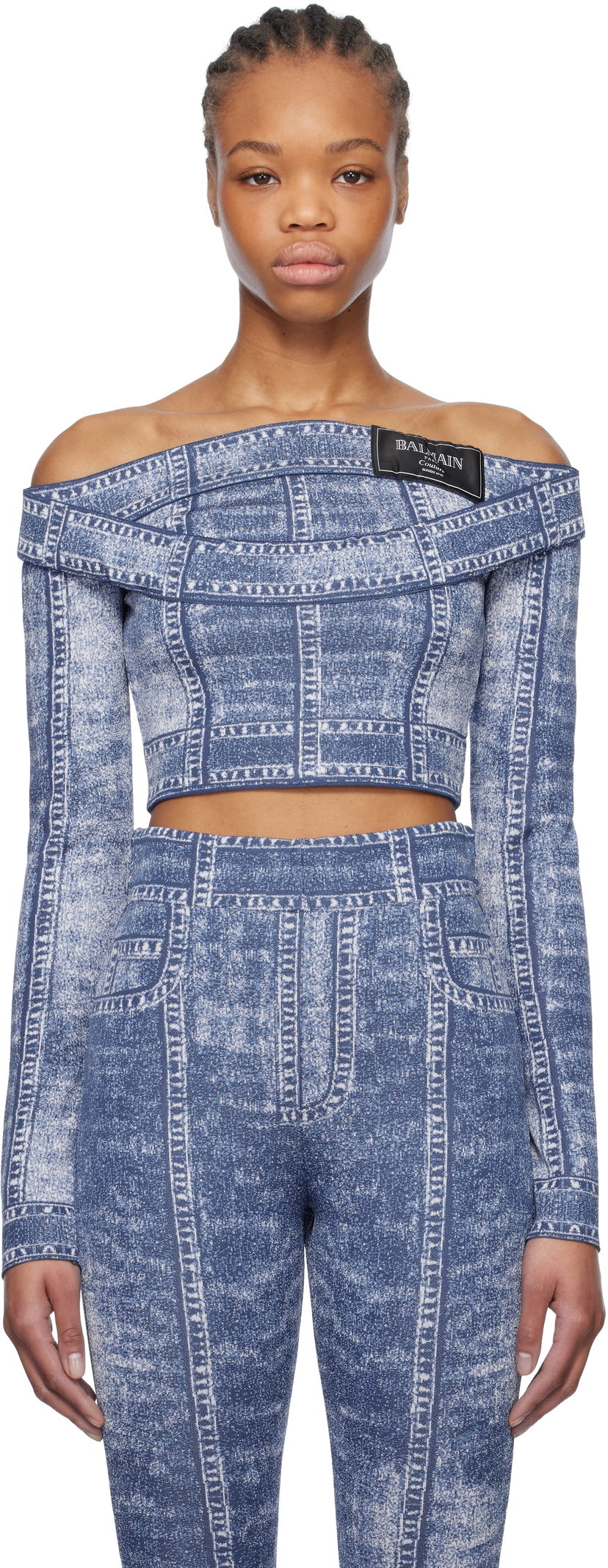 Træningsdragt Balmain Balmain Denim Off-Shoulder Top Blå | EF1AO385KH80
