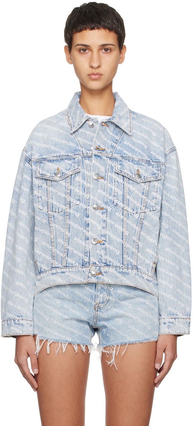 Jakke Alexander Wang Falling Back Allover-Logo Denim Jacket Blå | 4DC2202756