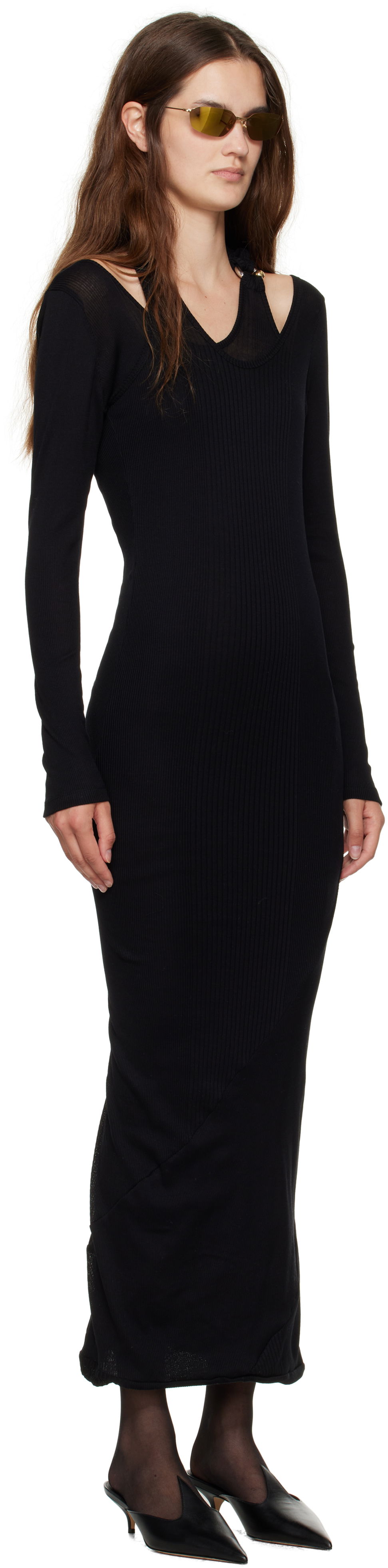 Kjole Jean Paul Gaultier Jean Paul Gaultier Ribbed Twisted Double Layer Piercing Midi Dress Sort | 25/03-W-DR014-J000-00, 1