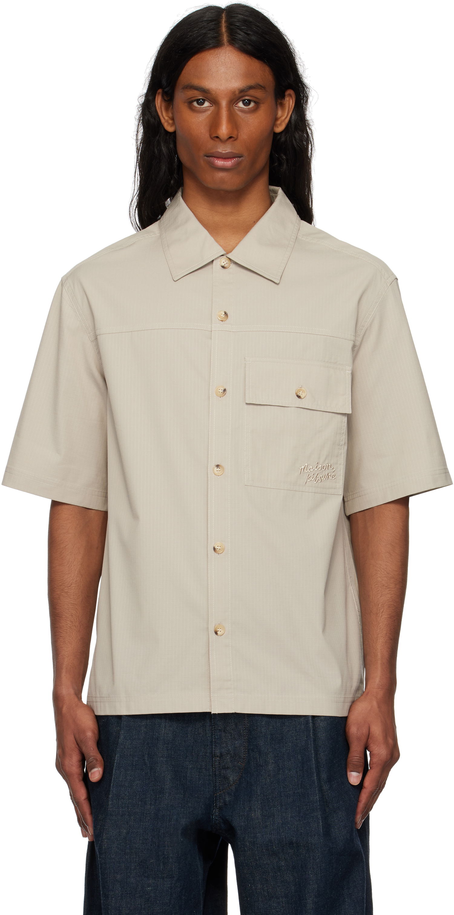 Skjorte MAISON KITSUNÉ Maison Kitsuné Short Sleeve Overshirt Beige | OM00429WW9020, 0