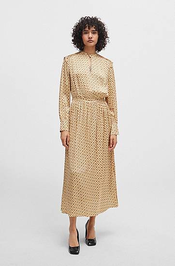 Kjole BOSS Monogram Print Silk-Blend Dress Beige | 50509345, 1