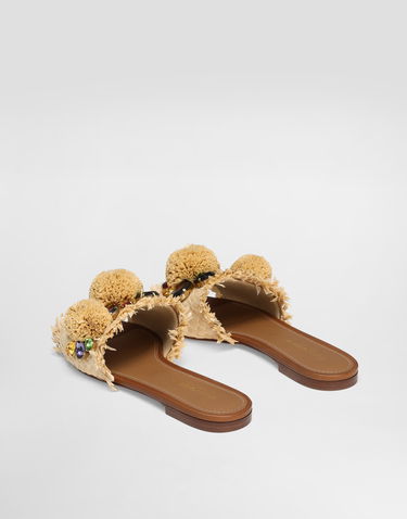 Tilbehør Dolce & Gabbana Dolce & Gabbana Braided Fringed Raffia Slide Sandals with Pompoms and Jewels Beige | CQ0648AM4478B139, 2
