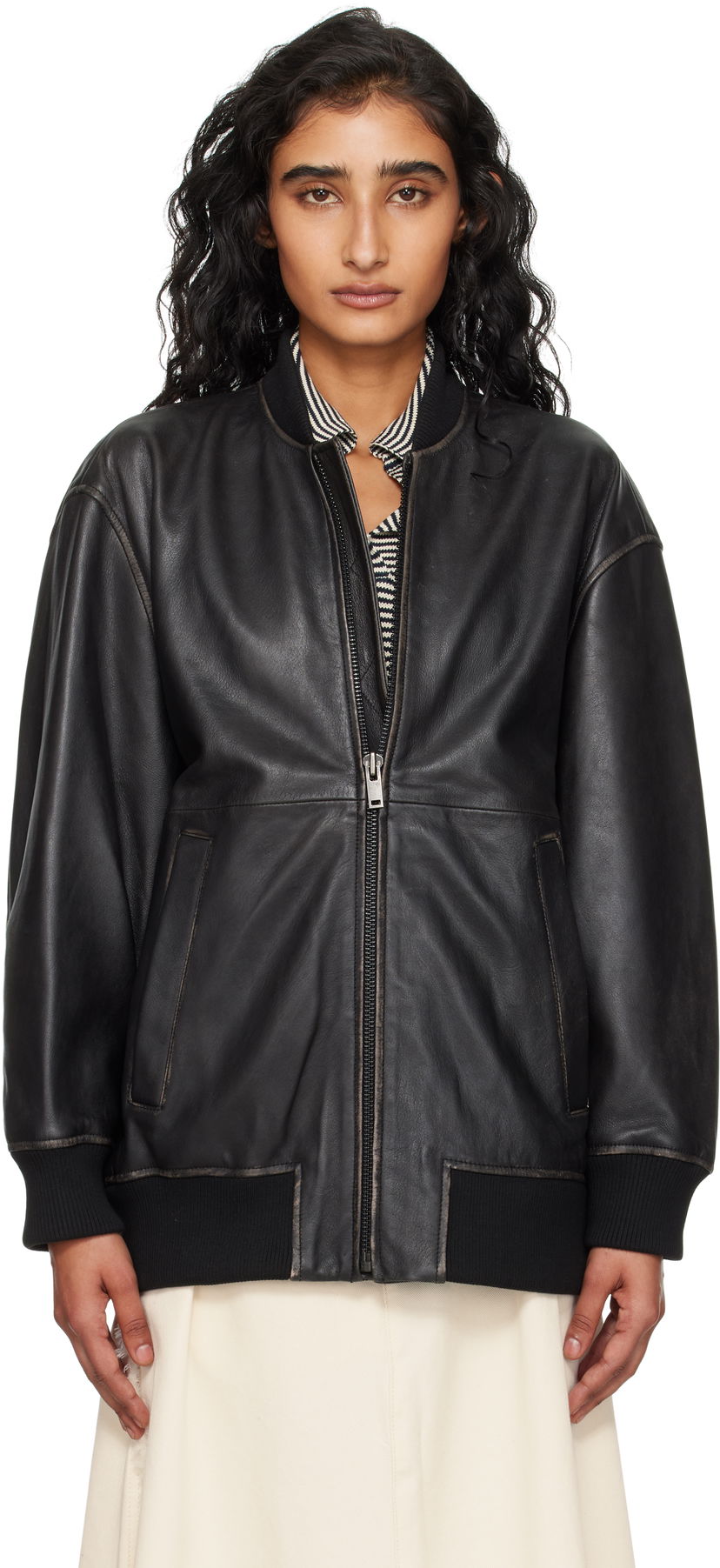 Bomberjakke Max Mara Weekend Max Mara Tattico Leather Jacket Sort | 2525446031600