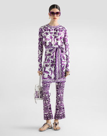 Bukser Dolce & Gabbana Dolce & Gabbana Majolica Print Silk Flare Trousers Lilla | FTAG7THPABPIP3TN, 1