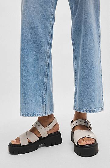 Tilbehør BOSS Suede Sandals with Buckled Strap and Chunky Sole Hvid | 50541753, 1