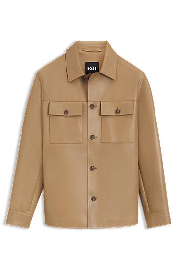 Jakke BOSS Shirt-style leather jacket with flap pockets Beige | 50543222, 0