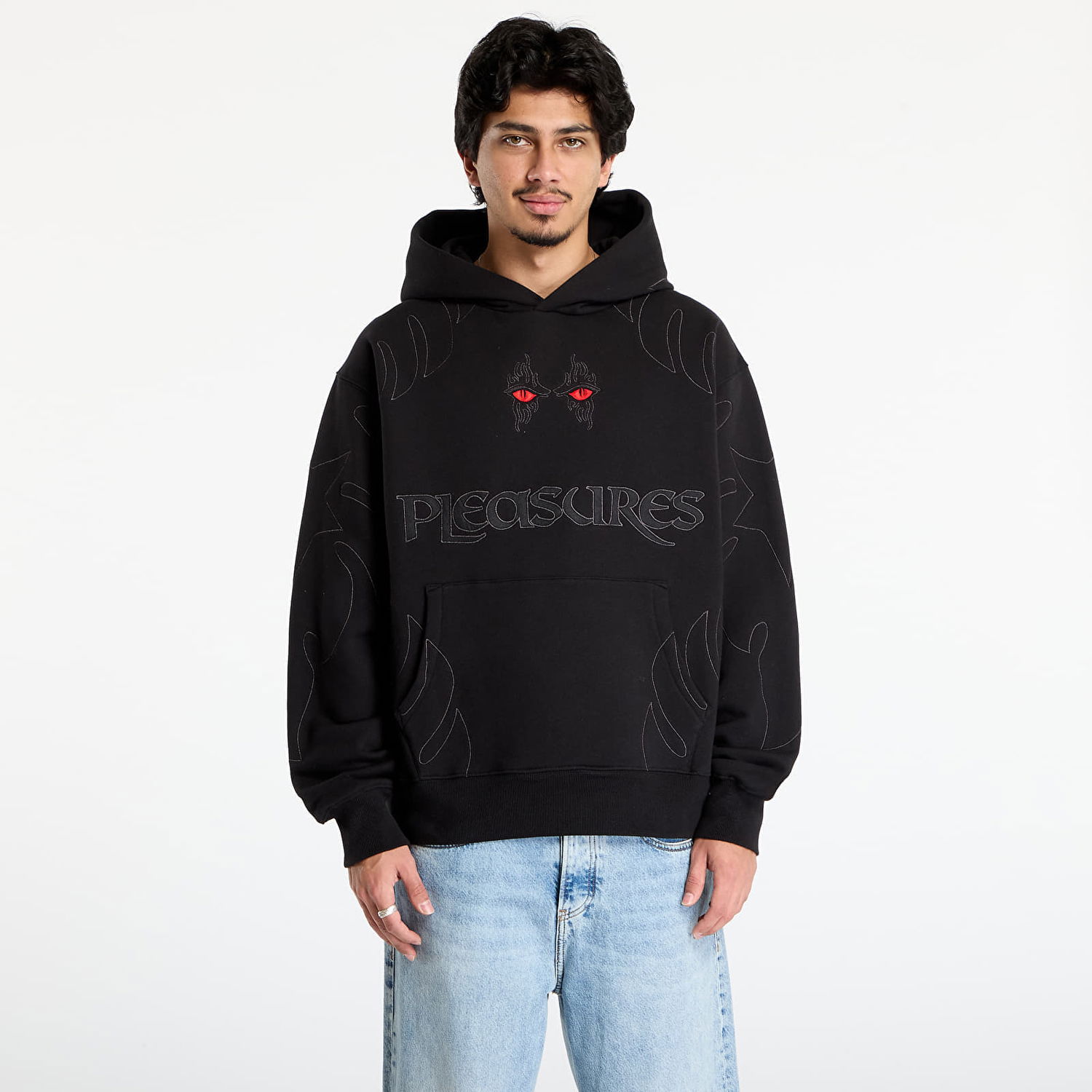 Sweatshirt Pleasures Afterlife Red Eyes Embroidered Outline Hoodie Sort | P25F025-BLACK, 0