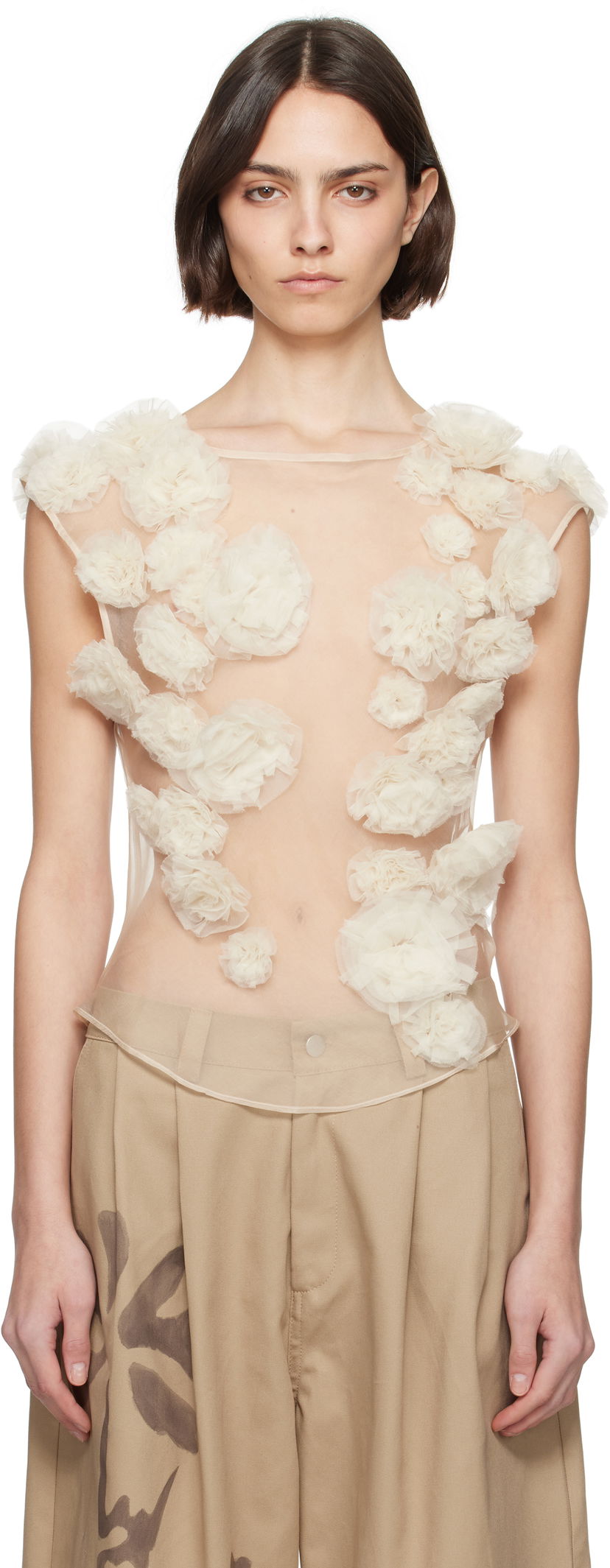 Tanktop Collina Strada Collina Strada Meadow Path Floral Appliquéd Tulle Tank Top Beige | XX3057