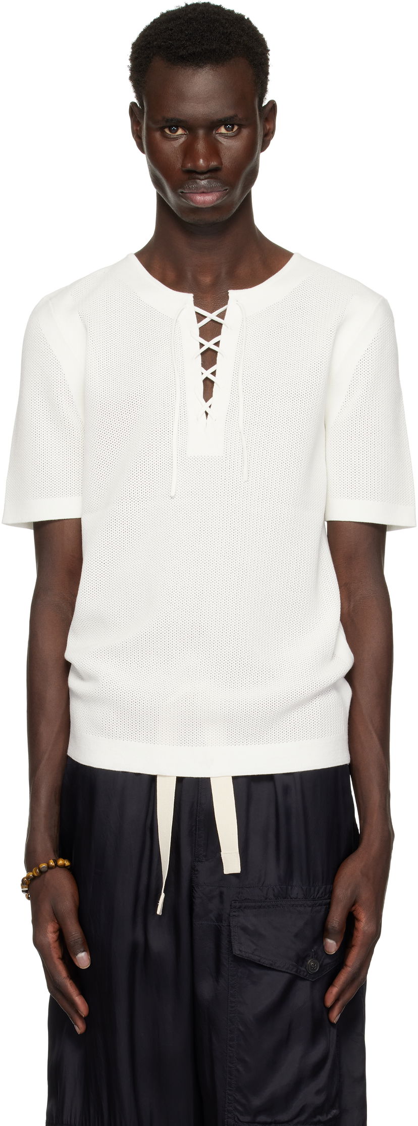 T-shirt Dries Van Noten Dries Van Noten Knit Lace-Up T-Shirt Hvid | 251-021201-1701