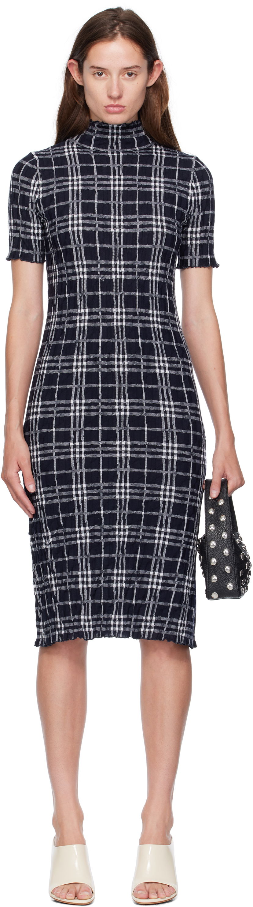 Kjole Burberry Burberry Check Wool Blend Midi Dress Mørkeblå | 8111428