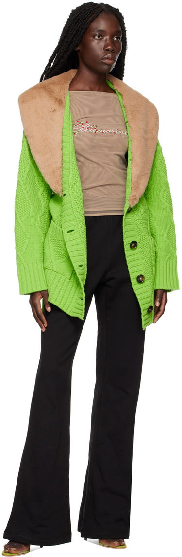 Jakke Blumarine Faux Fur Collar Cable Knit Cardigan Grøn | 2 M220A, 4