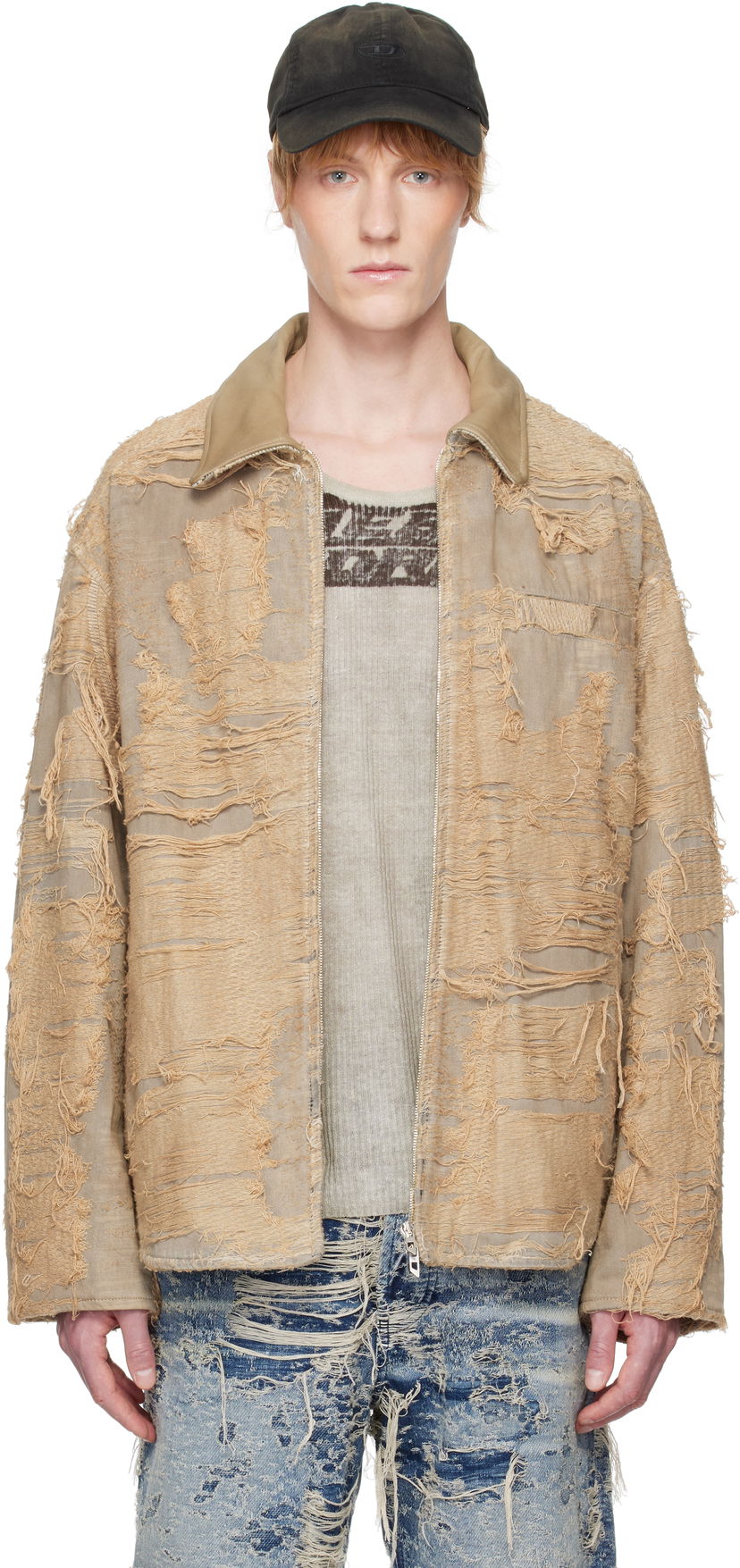 Jakke Diesel Diesel D-Ivar-Fsg Distressed Denim Jacket Beige | A18111-007AZ-33S