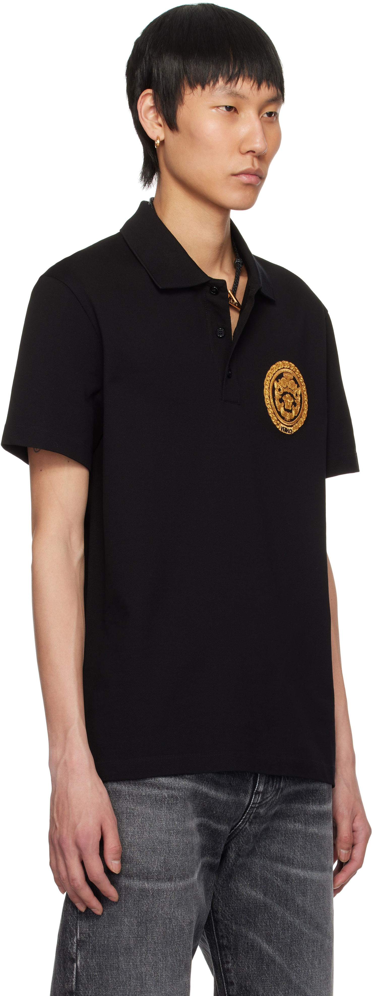 Polo skjorte Versace Versace Embroidered Chain Crest Polo Sort | 1013906_1A13413, 1