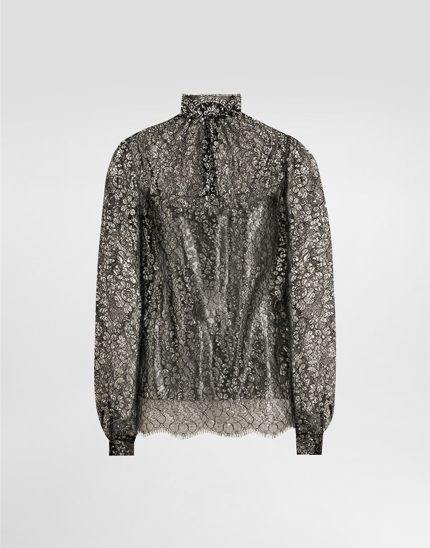 Skjorte Dolce & Gabbana High-neck Long-sleeve Lamé Lace Top with Scalloped Hem, Collection Metalisk | F7BD7TILMCFS0998, 0