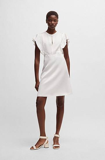 Kjole BOSS Frilled Sleeve Dress with Keyhole Neckline Hvid | 50537402, 1
