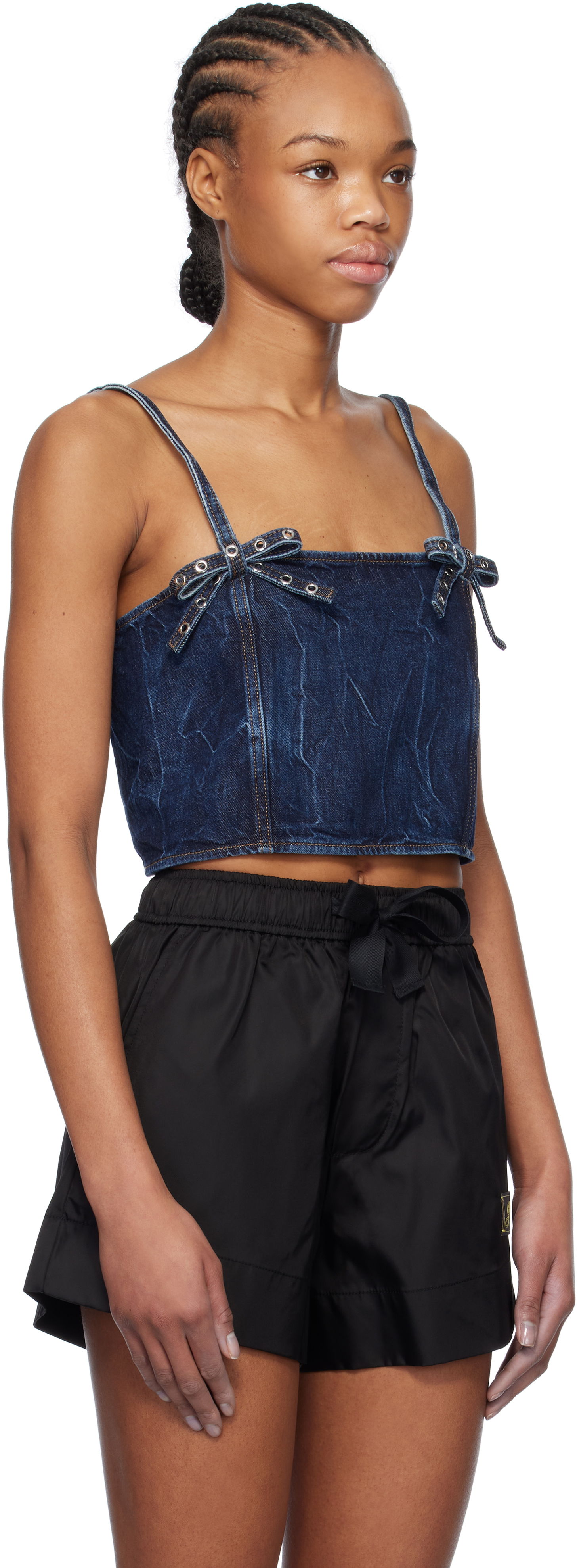 Tanktop GANNI Blue Crinkled Future Denim Strap Top Mørkeblå | J1592, 1