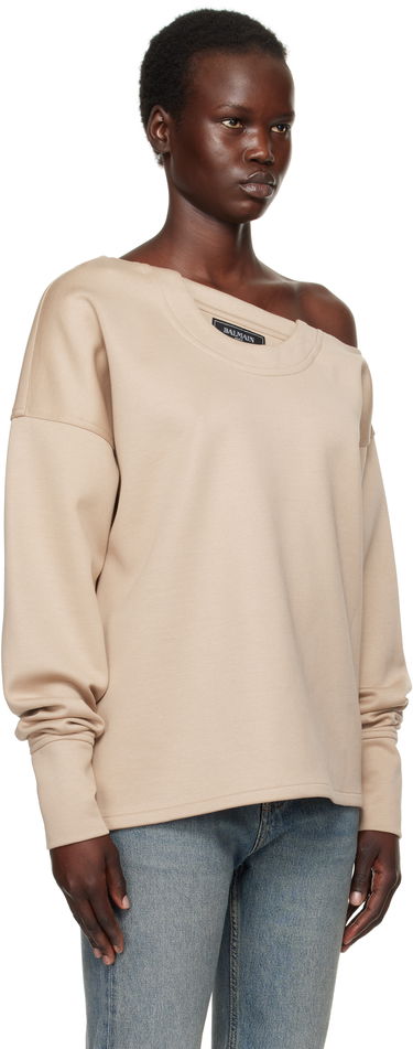 Sweater Balmain Balmain Asymmetrical Jersey Off-The-Shoulder Sweatshirt Beige | EF1HU301JJ69, 1