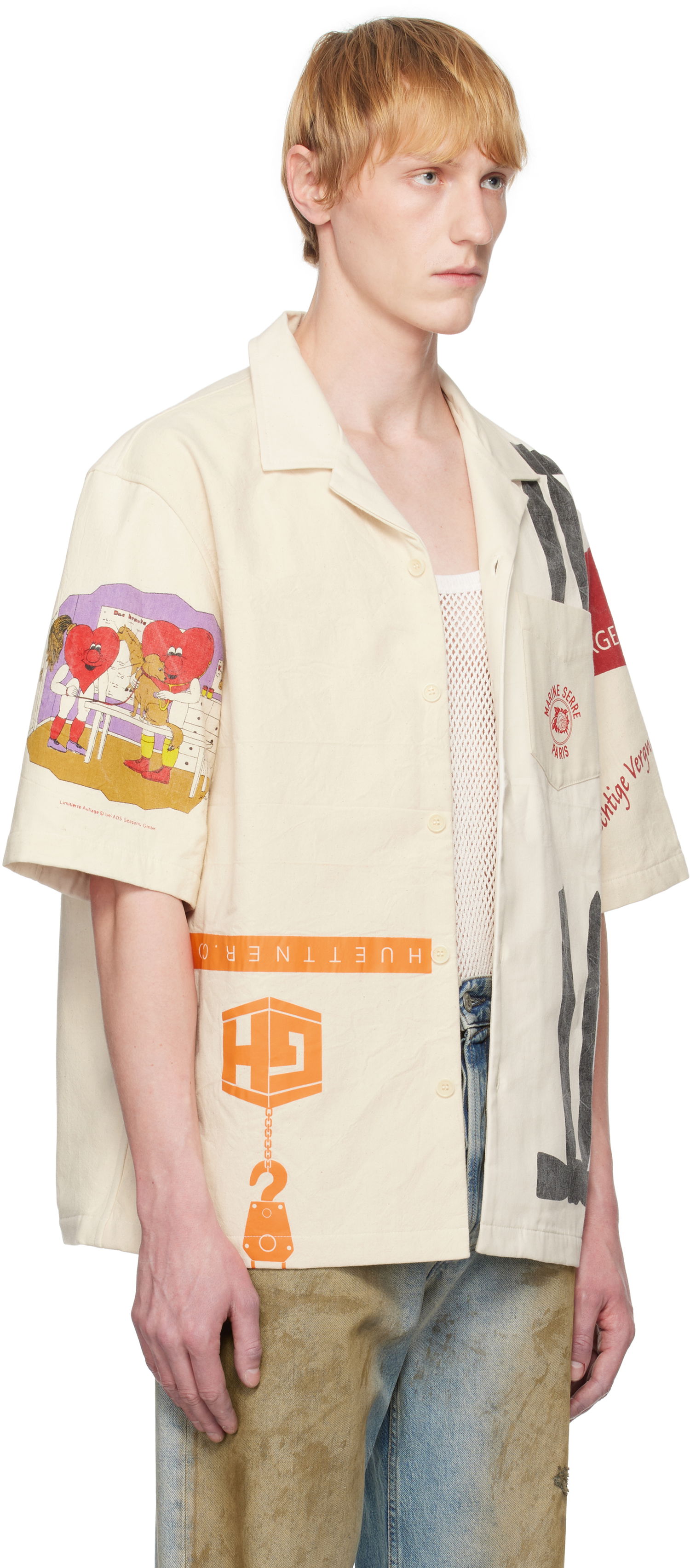 Skjorte Marine Serre Marine Serre Regenerated Bowling Shirt Beige | USI028A UWOV0009, 1