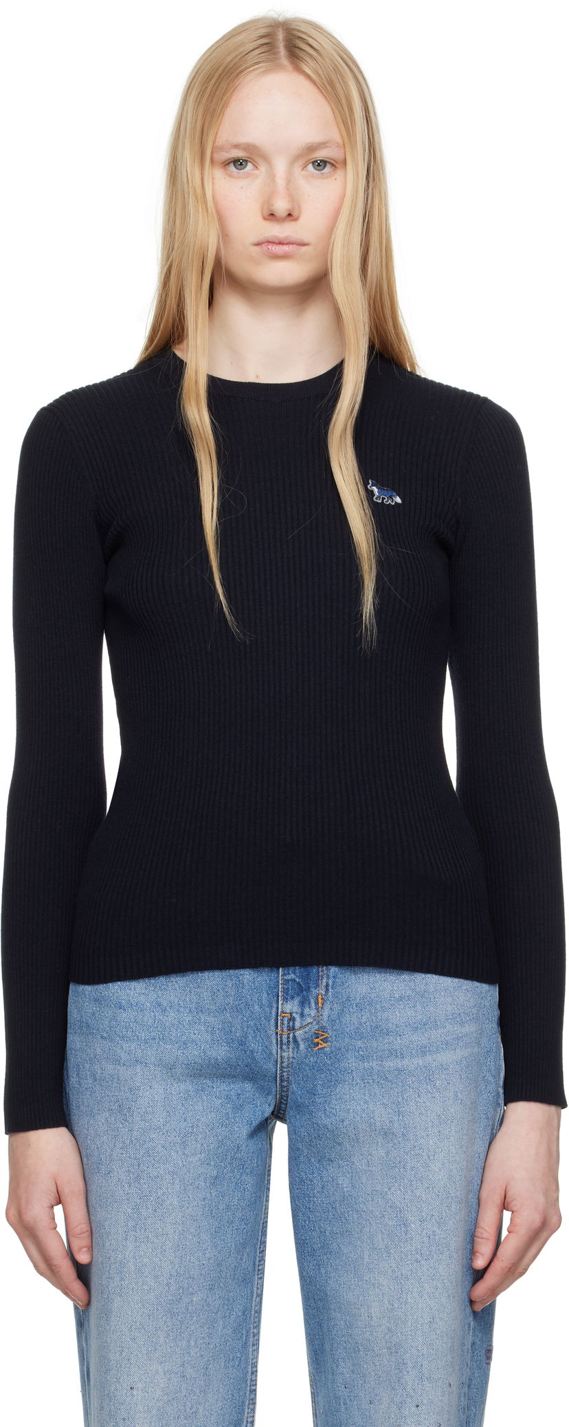 Sweater MAISON KITSUNÉ Maison Kitsuné Baby Fox Patch Fine Ribbed Sweater Sort | OW00801KT1091