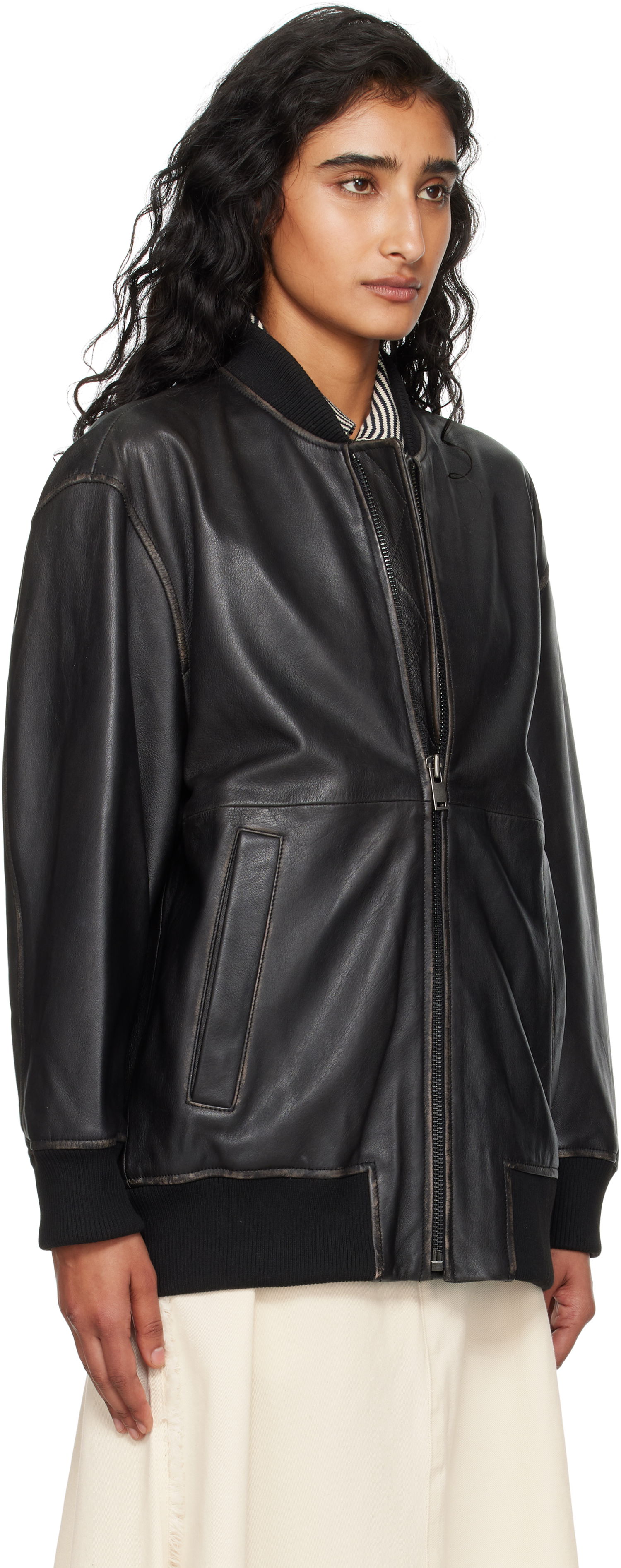 Bomberjakke Max Mara Weekend Max Mara Tattico Leather Jacket Sort | 2525446031600, 1