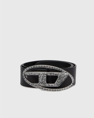 Bælter Diesel Black Leather Belt With Crystal Embellished Logo Buckle Sort | X09611-P6364-T8013, 3
