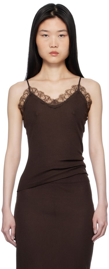 Kjole The Row The Row Ikee Lace-Trim Ribbed Knit Camisole Dress Brun | 8426-Y136, 0