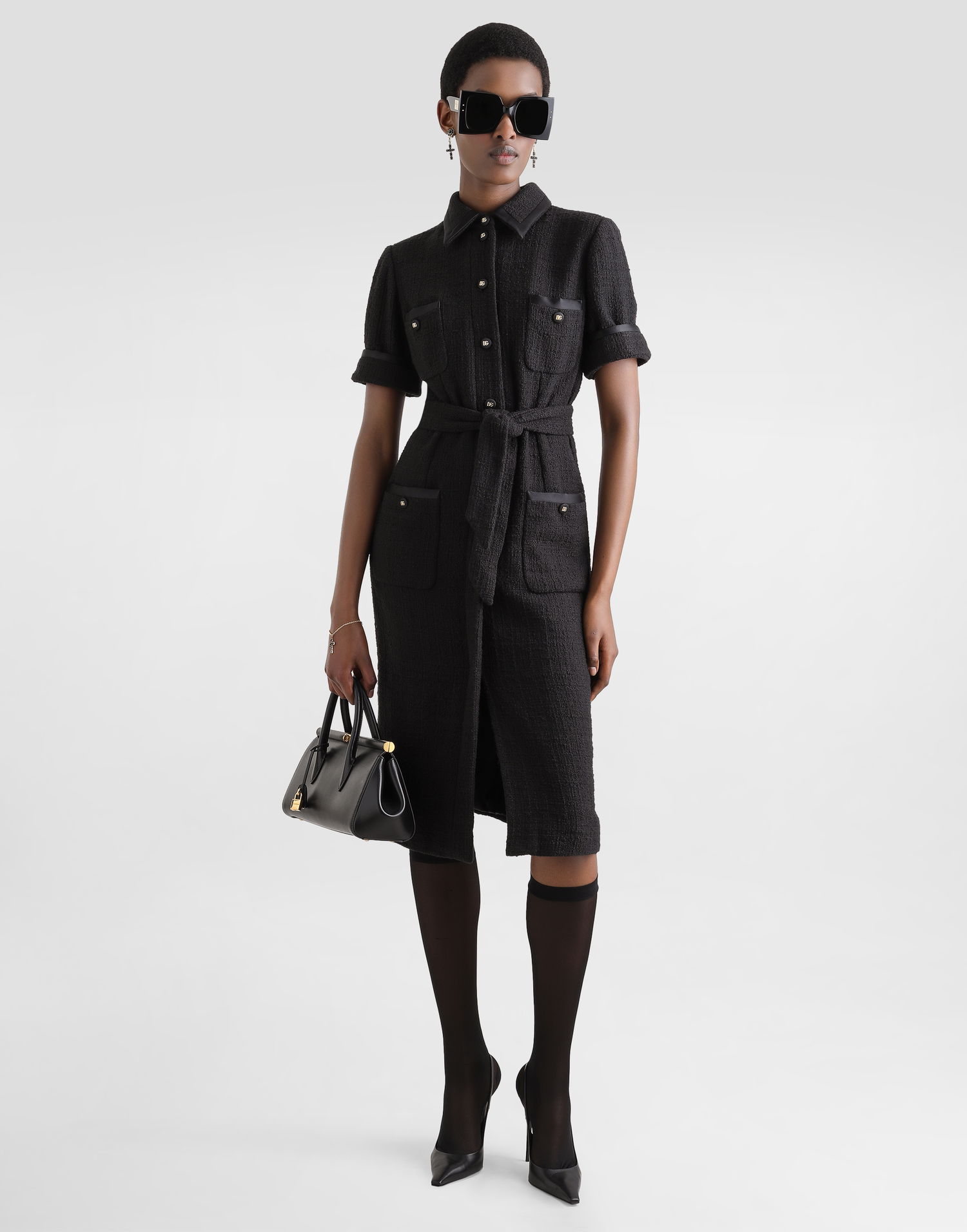 Kjole Dolce & Gabbana Dolce & Gabbana Calf-Length Raschel Tweed Dress with Sateen Details Sort | F6JSZTFMTACN0000, 1