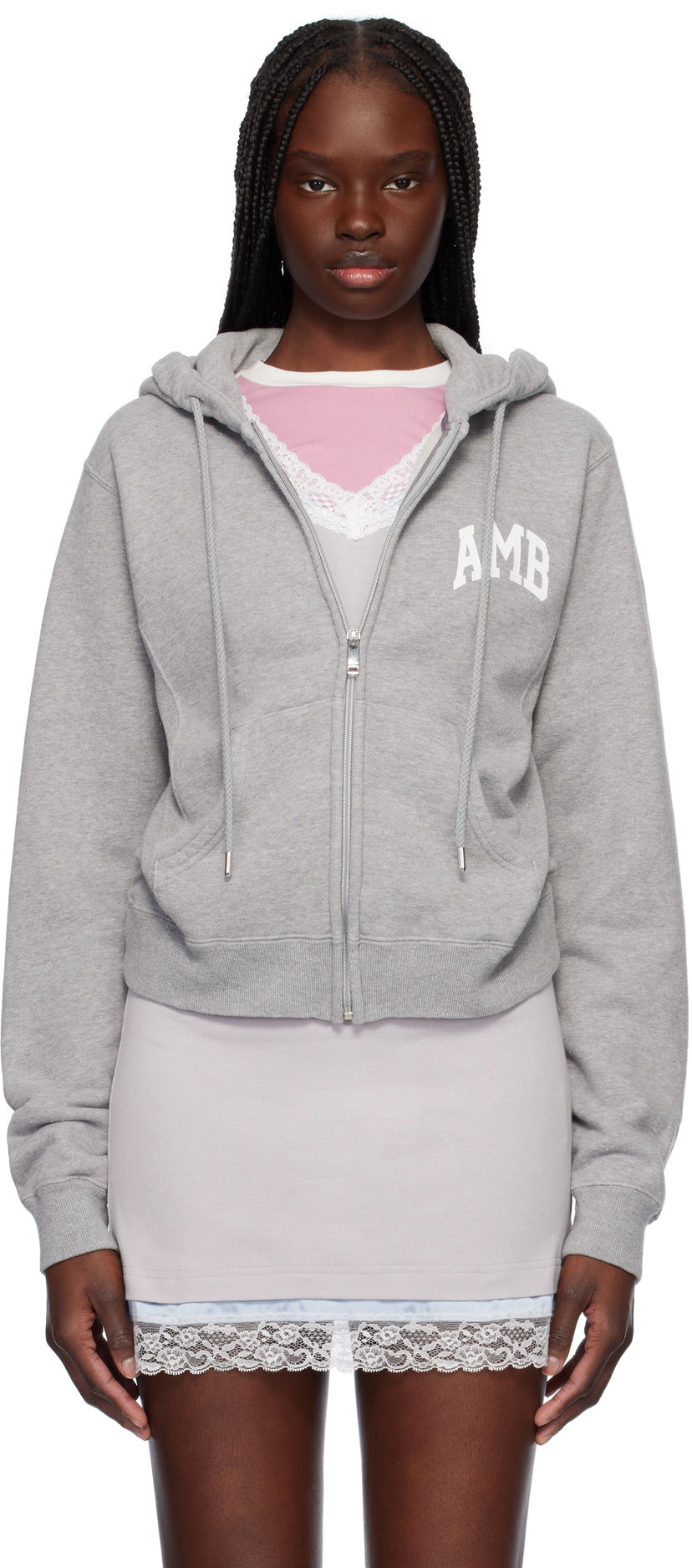 Sweatshirt Ambush AMBUSH 'AMB' Graphic Zip-Up Cropped Hoodie Grå | 12115407