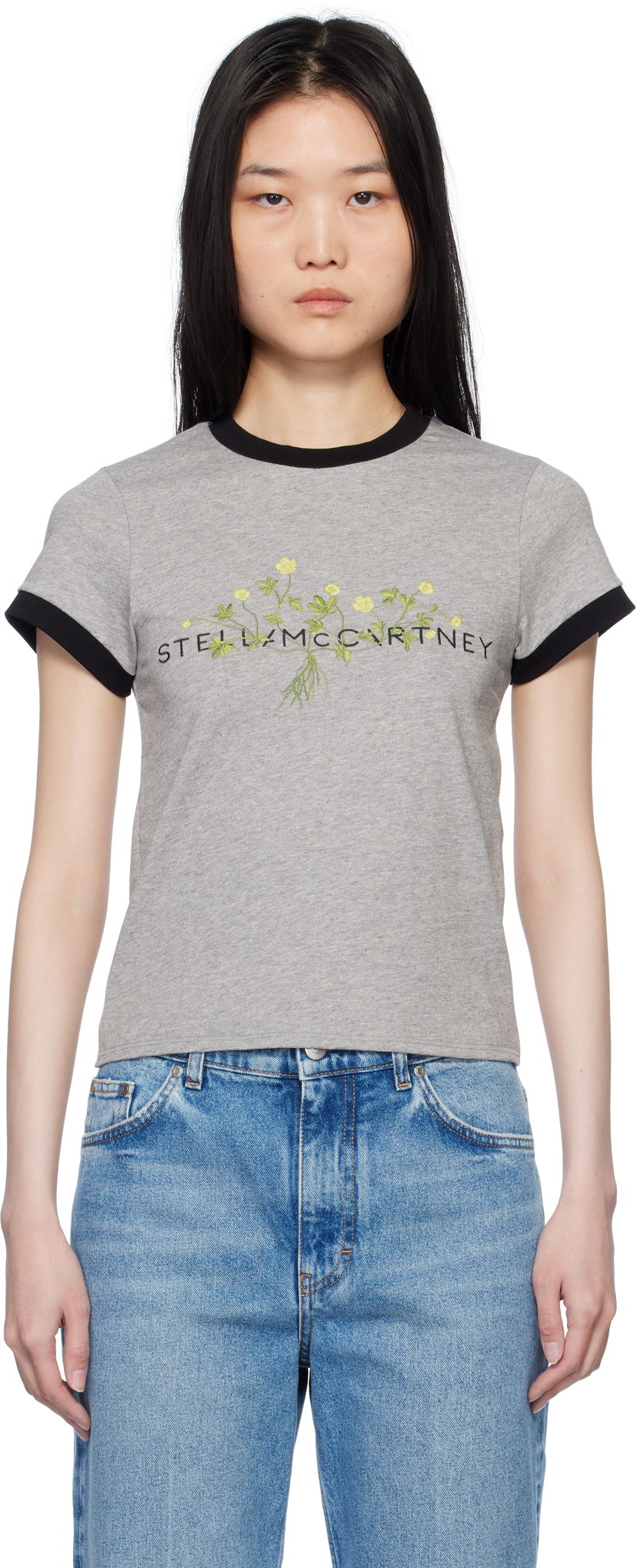 T-shirt Stella McCartney Stella McCartney Floral Embroidered T-Shirt Grå | 6J03723SPZ75
