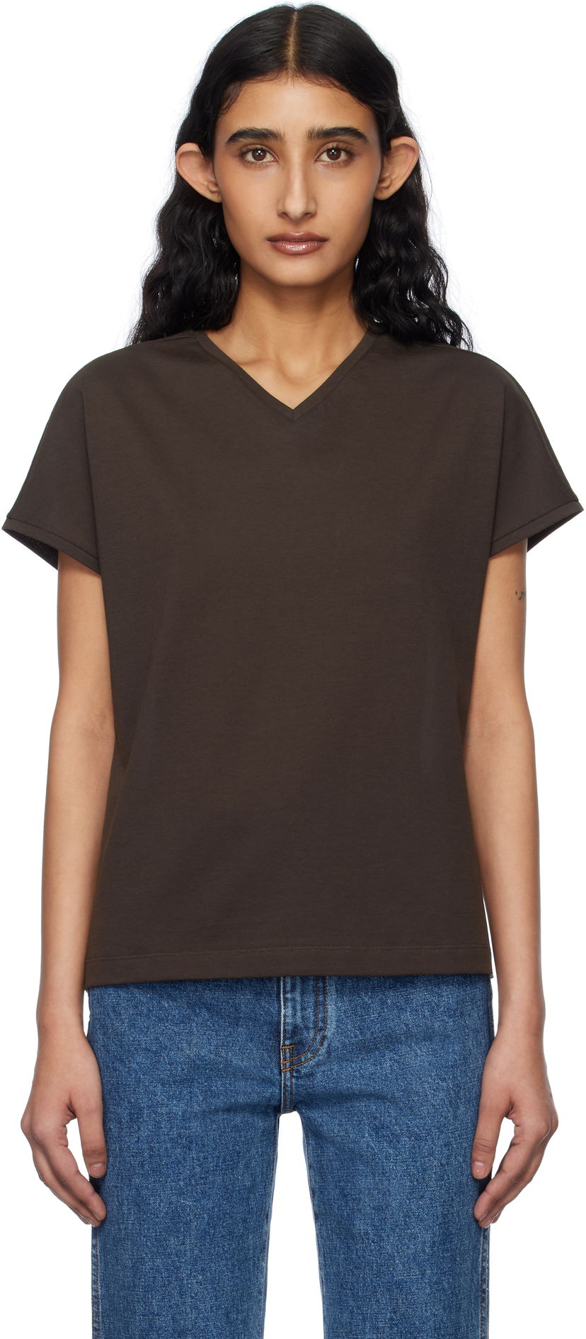 T-shirt Khaite Khaite Devra V-Neck T-Shirt Brun | 2377166