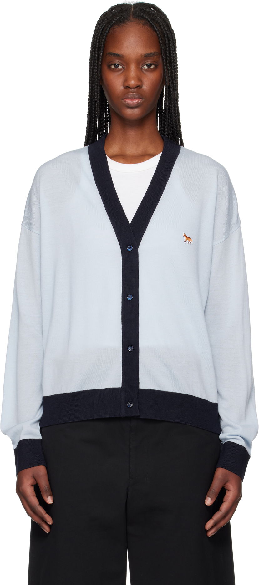 Sweater MAISON KITSUNÉ Maison Kitsuné Bi-Color Comfort Cardigan with Fox Patch Blå | OW00516KT1136