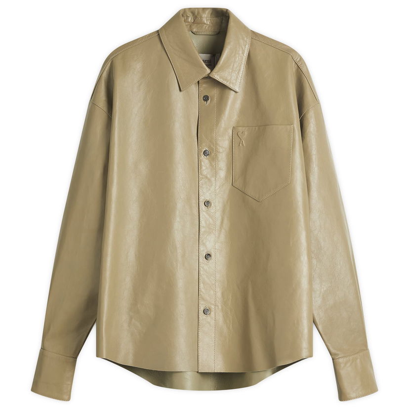 Skjorte AMI AMI Paris Boxy Fit Leather Overshirt, Size Large Beige | UJK246-LH0051-375