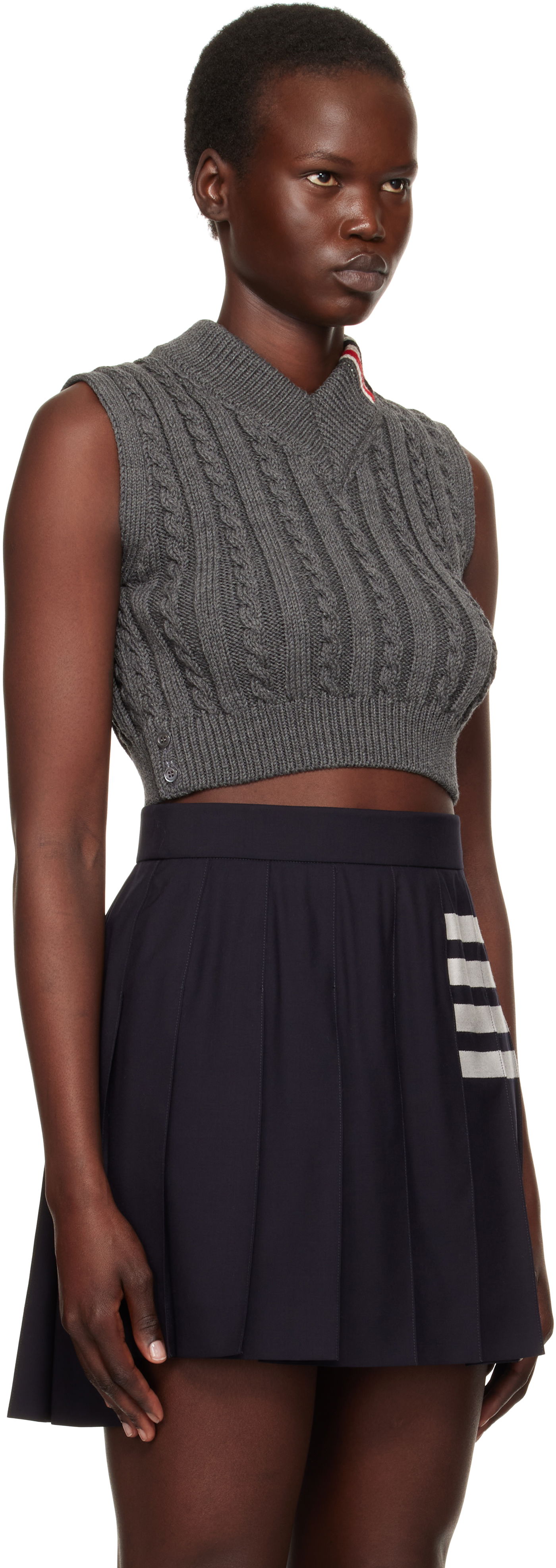 Nederdel Thom Browne Cable Cropped V-Neck Vest Blå | FKV202A-Y1024, 1