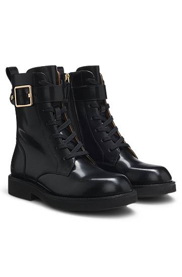 Sneakers og sko BOSS Lace-up Leather Boots with Buckle Detail and Chunky Sole Sort | 50552772