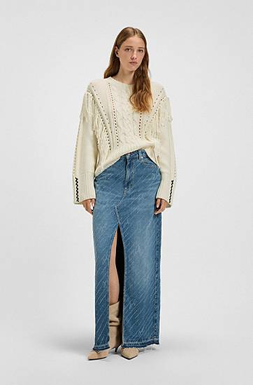Sweater BOSS Cable Knit Sweater with Fringe Hvid | 50543949, 1