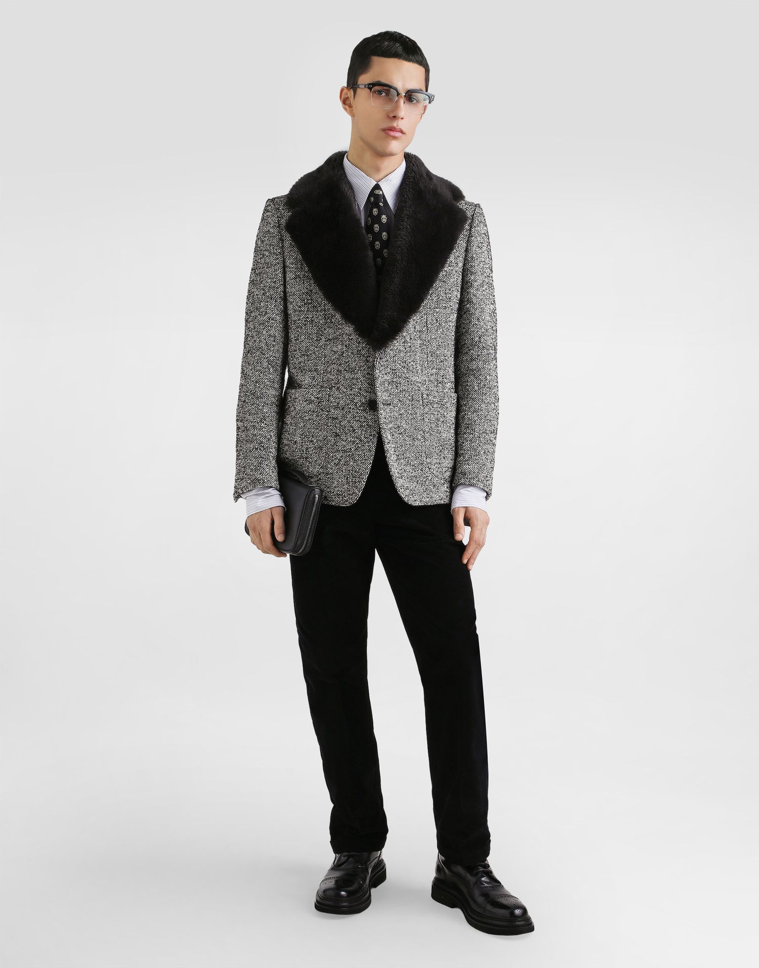Jakke Dolce & Gabbana Dolce & Gabbana Single-Breasted Dotted Wool Jacket with Fur Collar Grå | G2VJ9ZFMZAKS8030, 1