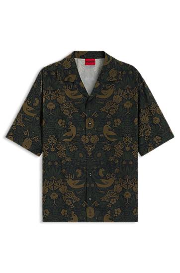 Skjorte BOSS Oversized-Fit Printed Cotton Poplin Shirt Grøn | 50545377, 0