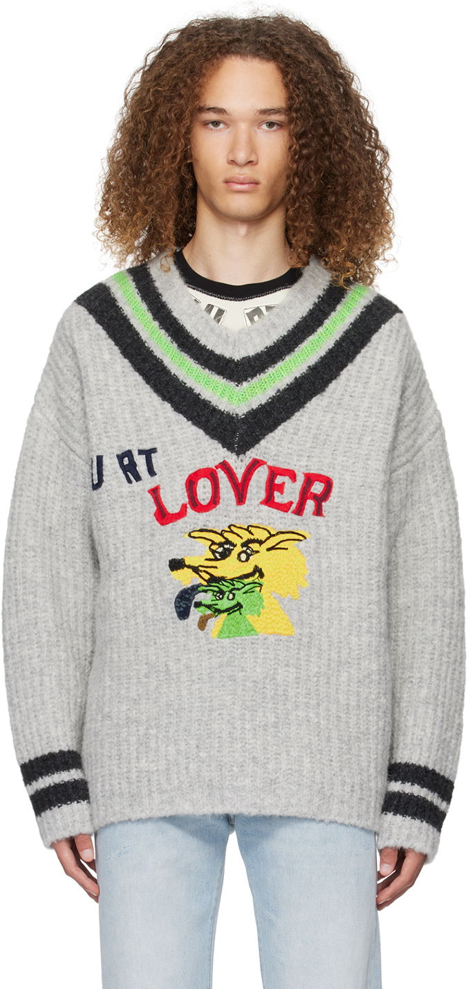 Sweater ERL 'Hurt Lover' Graphic V-Neck Sweater Grå | ERL07N004, 0