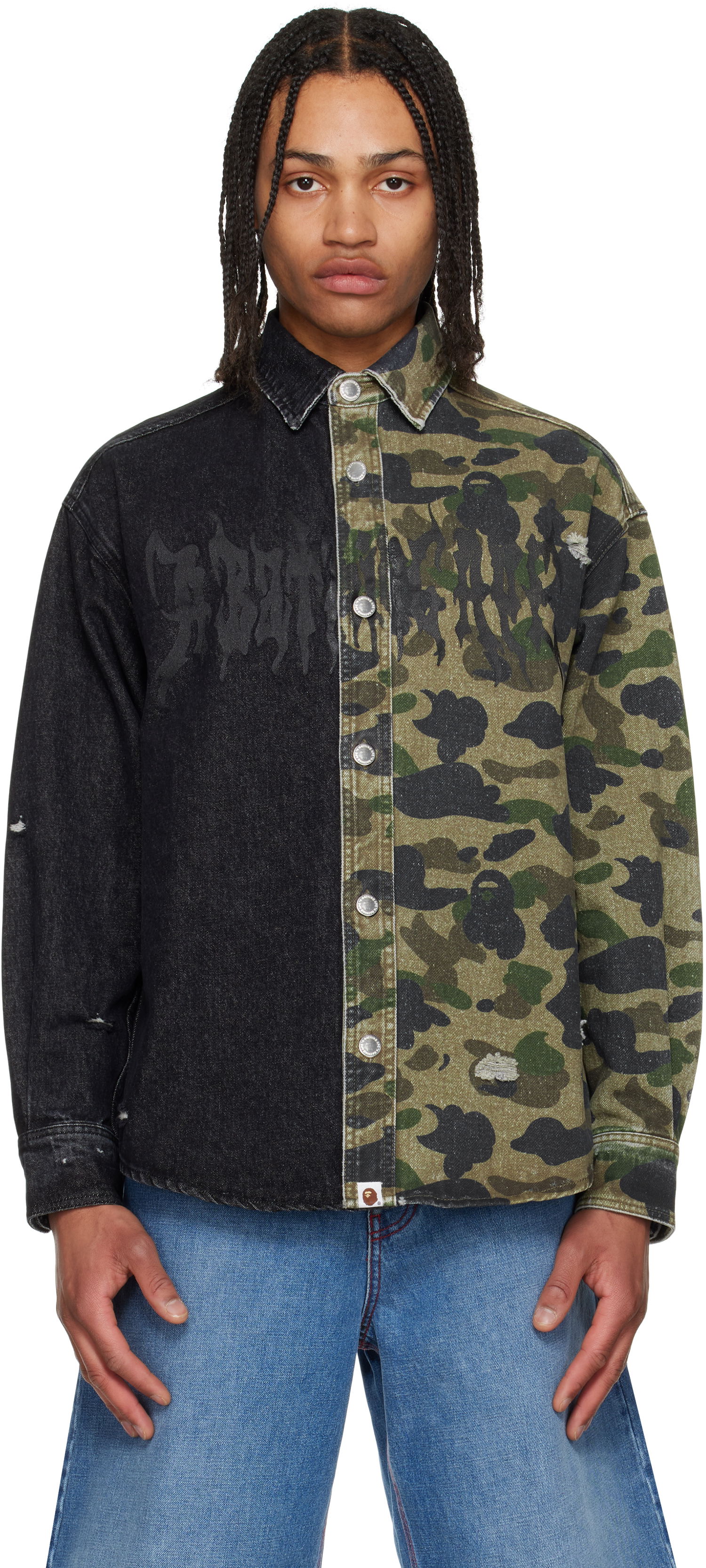 Skjorte BAPE A Bathing Ape 1st Camo Destroyed Denim Shirt Grøn | 001SHL301312M, 0